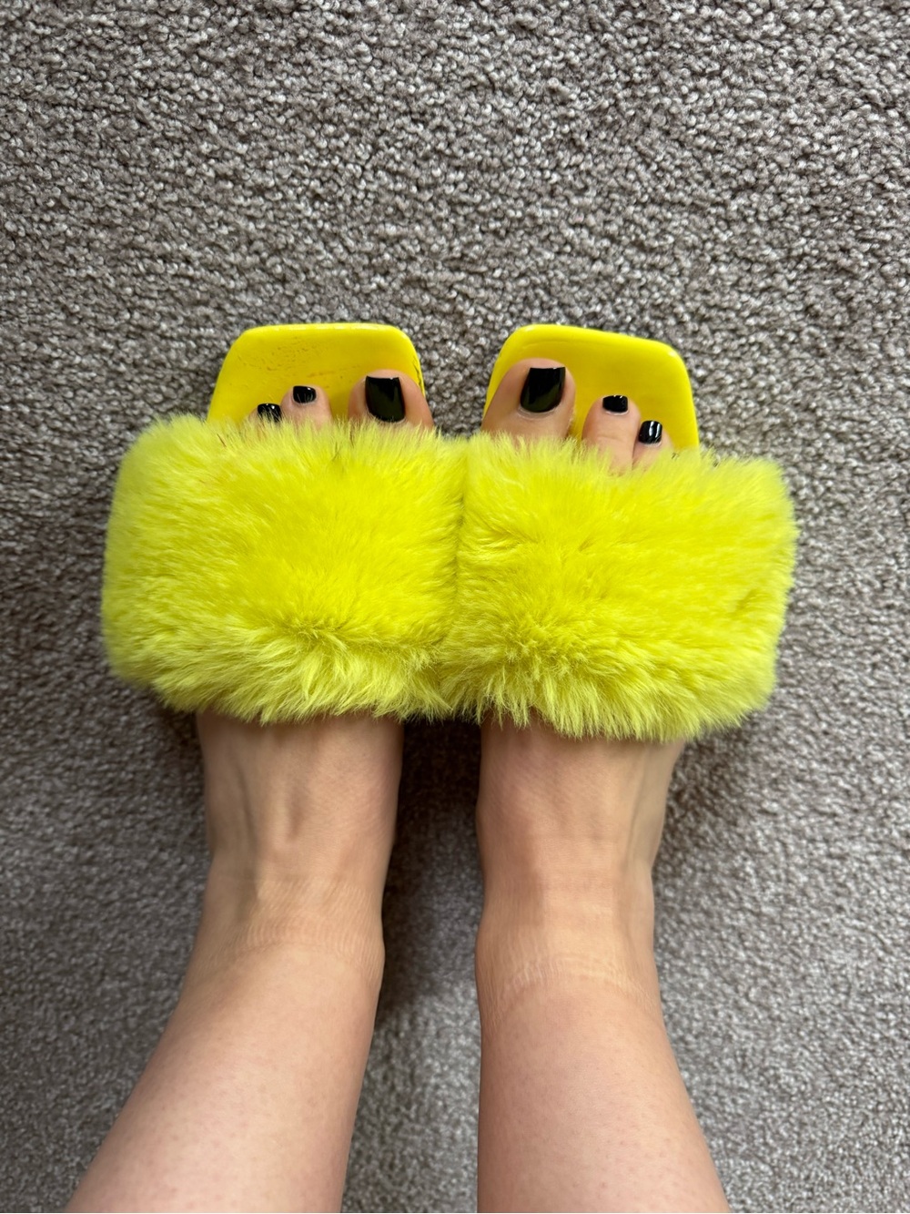 Plush Faux-Fur Slide Mules in Neon Yellow